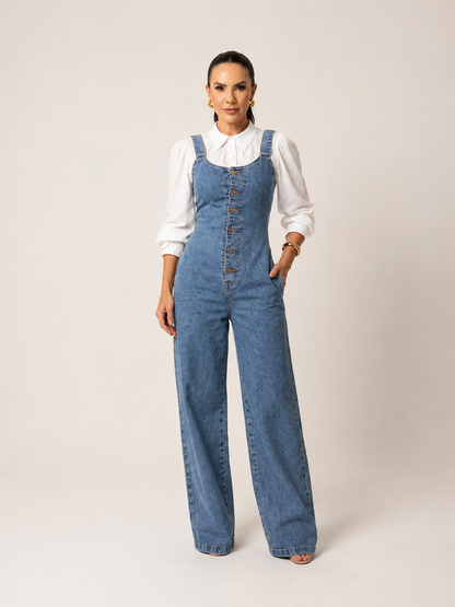 Macacão Jeans Wide Leg Alenice + Brinde