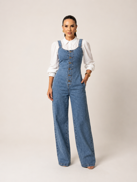 Macacão Jeans Wide Leg Alenice + Camisa Linho