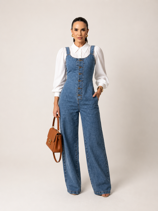 Macacão Jeans Wide Leg Alenice + Brinde