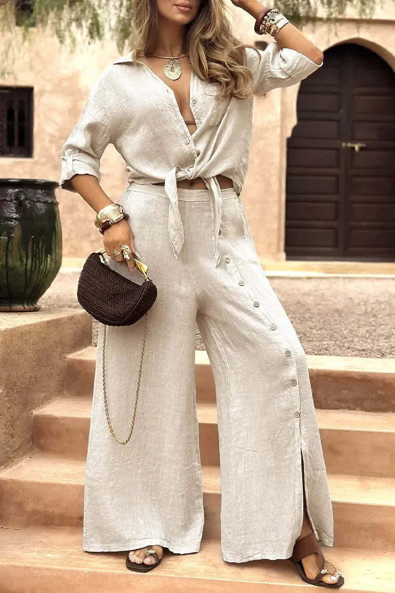 Conjunto Luna em Linho Natural - Modelagem Pantalona e Tecido Respirável